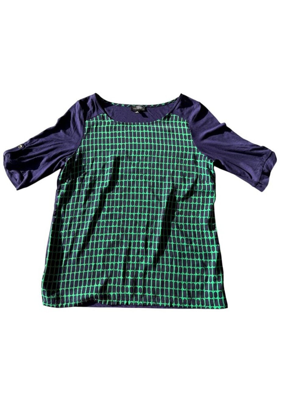 The Limited Womens Top Green Navy Medium Patterned Scoop Neck Button Sleeve